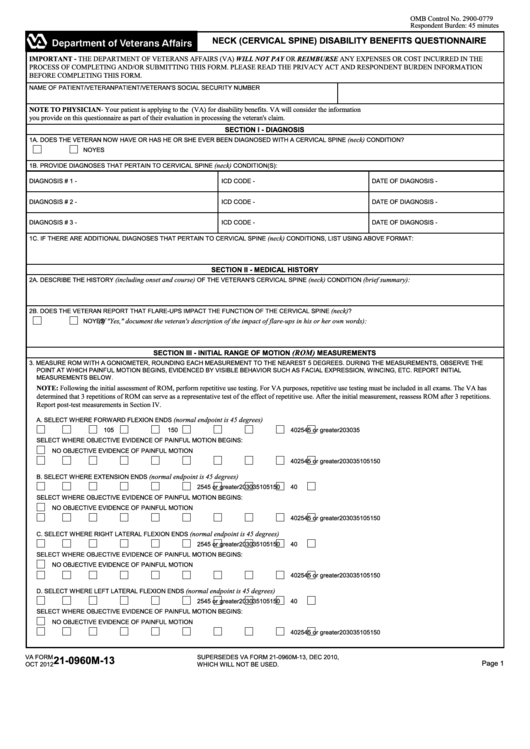 Fillable Va Form 210960m13 Neck (Cervical Spine) Disability