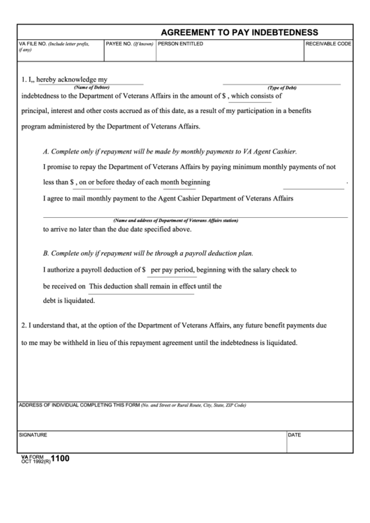 Fillable Va Form 1100 Agreement To Pay Indebtedness printable pdf