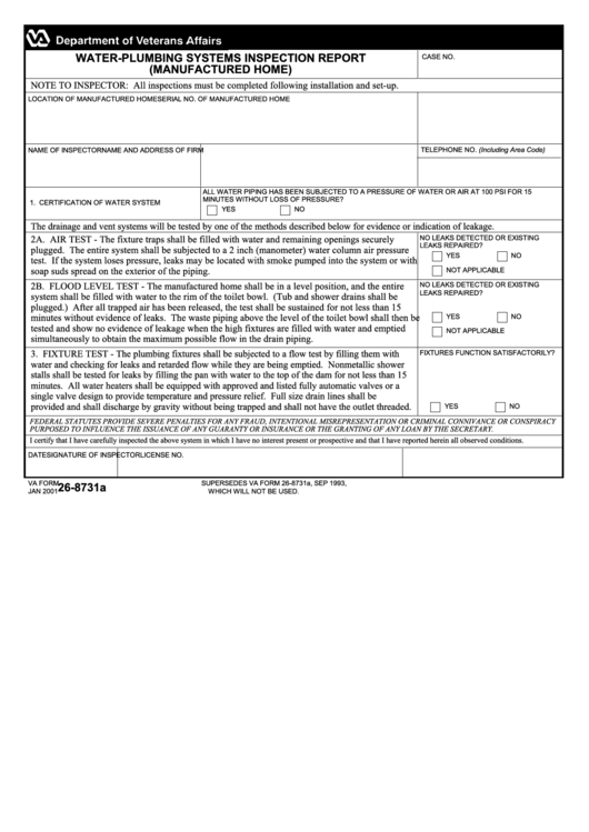 Fillable Va Form 268731a WaterPlumbing Systems Inspection Report