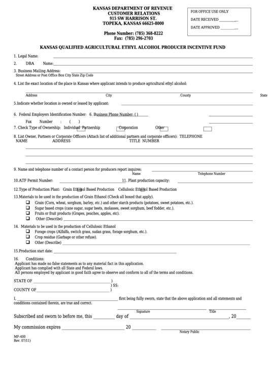 Form Mf400 Kansas Qualified Agricultural Ethyl Alcohol Producer