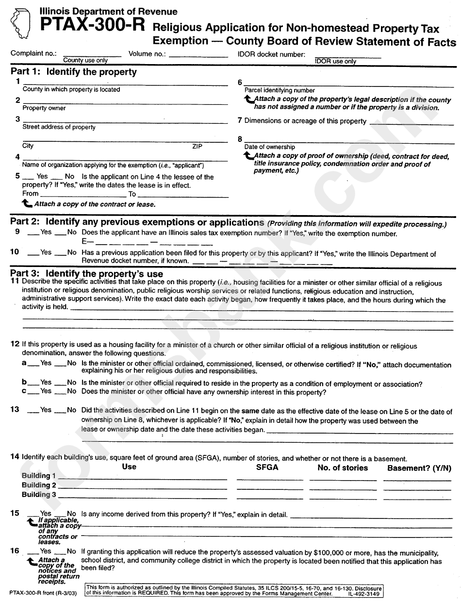 Form Ptax300R Application For Religious Property Tax Exemption