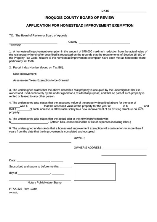 Form Ptax323 Application For Homestead Improvement Exemption
