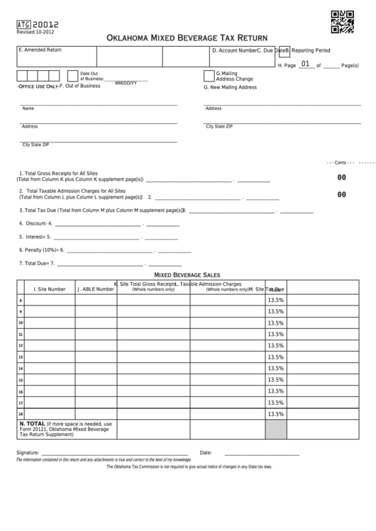 Fillable Form Atg20012 Oklahoma Mixed Beverage Tax Return printable