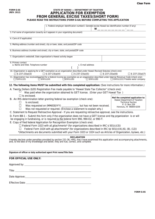 Fillable Form G6s Application For Exemption From General Excise