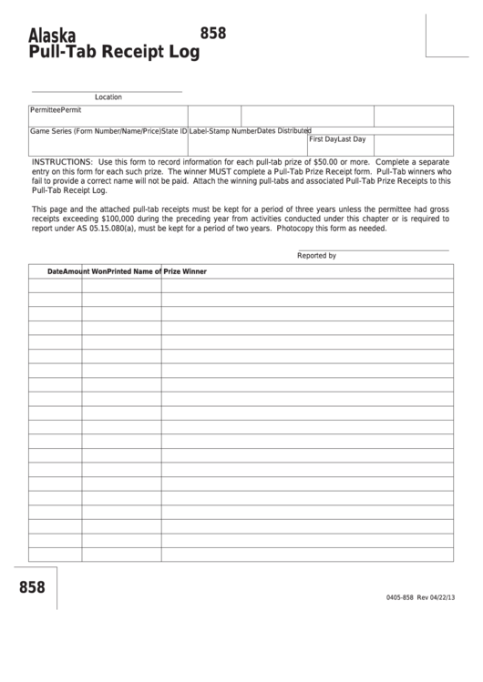 Form 858 Alaska PullTab Receipt Log printable pdf download