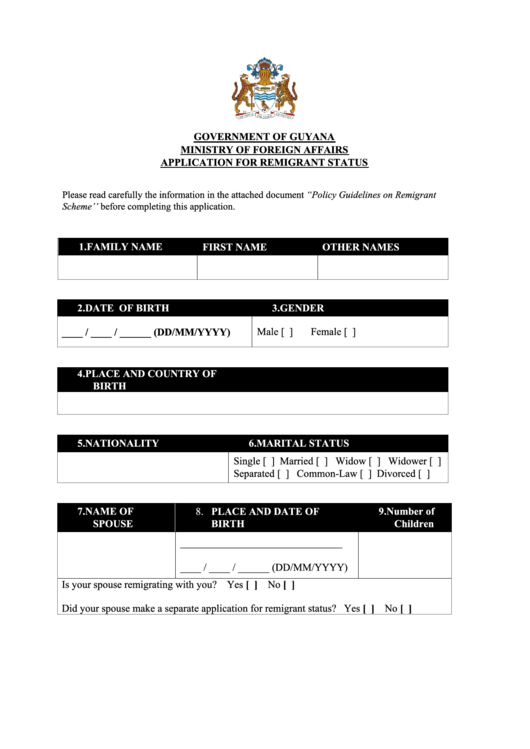 Application For Remigrant Status Guyana Ministry Of Foreign Affairs printable pdf download