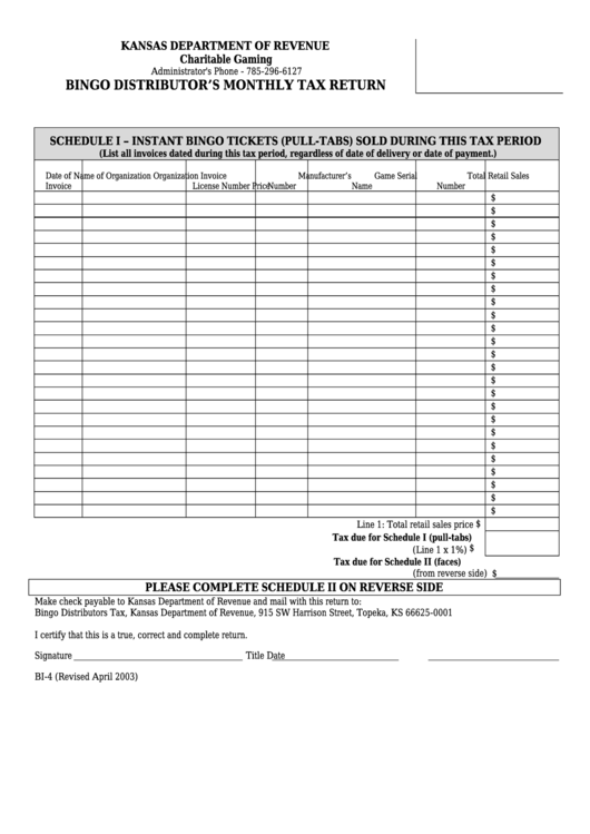 Fillable Form Bi4 Bingo Distributor'S Monthly Tax Return printable