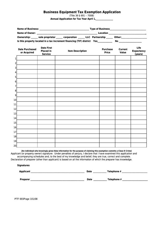 Form Ptf 693 Business Equipment Tax Exemption Application printable