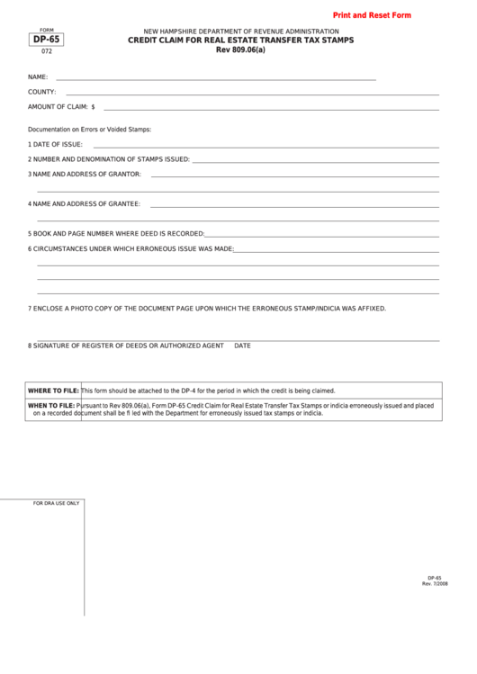 Fillable Form Dp65 Credit Claim For Real Estate Transfer Tax Stamps