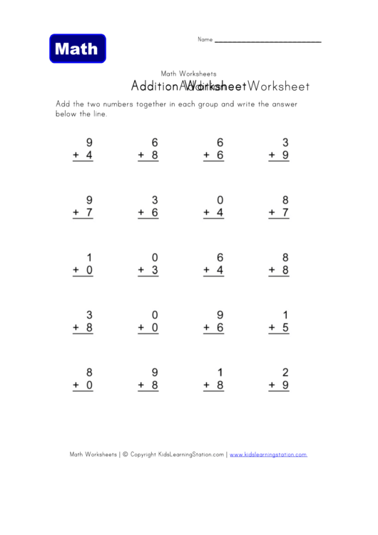 Single Digits Addition Math Worksheet Template printable pdf download
