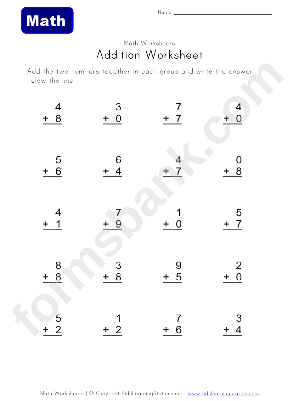 Single Digits Addition Math Worksheet Template printable pdf download