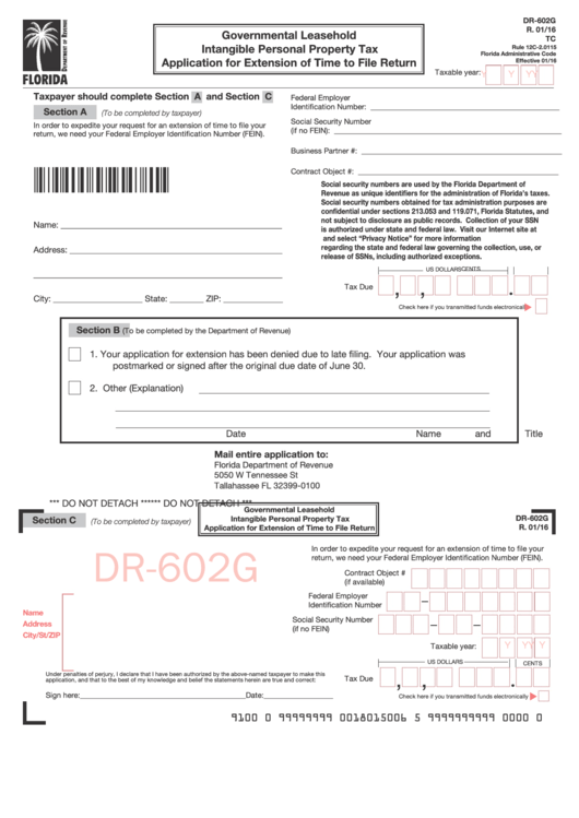 Form Dr602g Governmental Leasehold Intangible Personal Property Tax