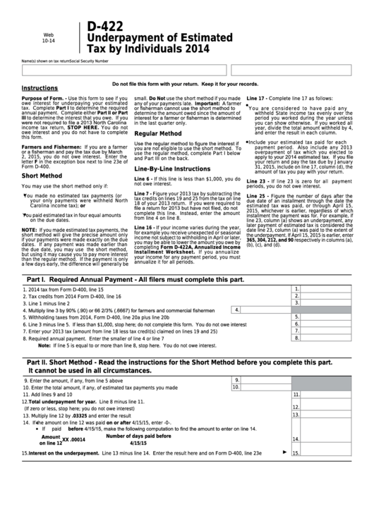 Form D422 Underpayment Of Estimated Tax By Individuals 2014