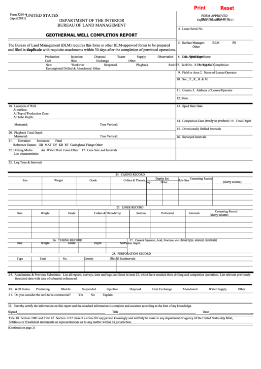 Fillable Form 32604 Geothermal Well Completion Report printable pdf