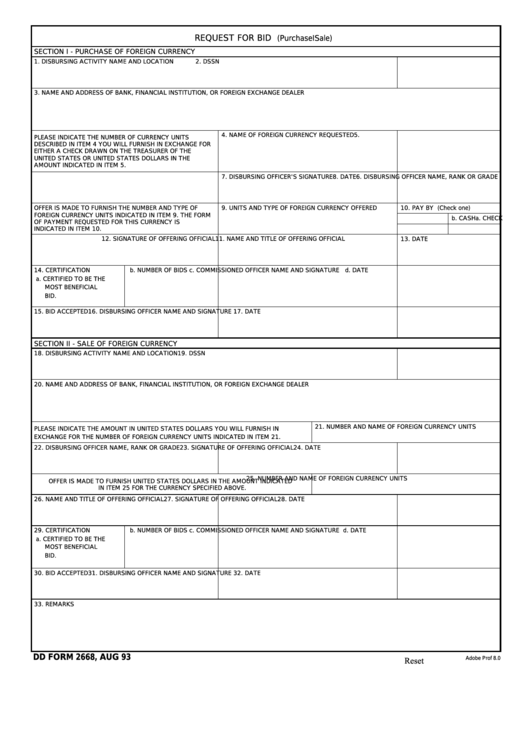 Fillable Dd Form 2668 - Request For Bid (Purchase Or Sale) printable