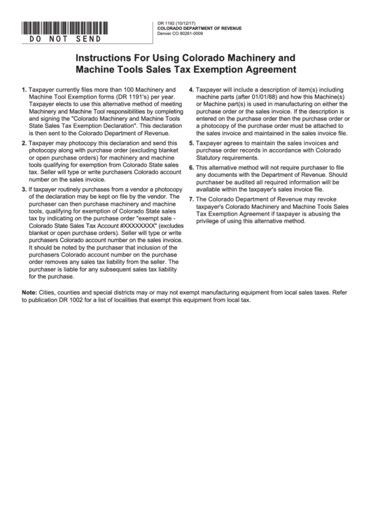 Fillable Form Dr 1192 Colorado Machinery And Machine Tools State