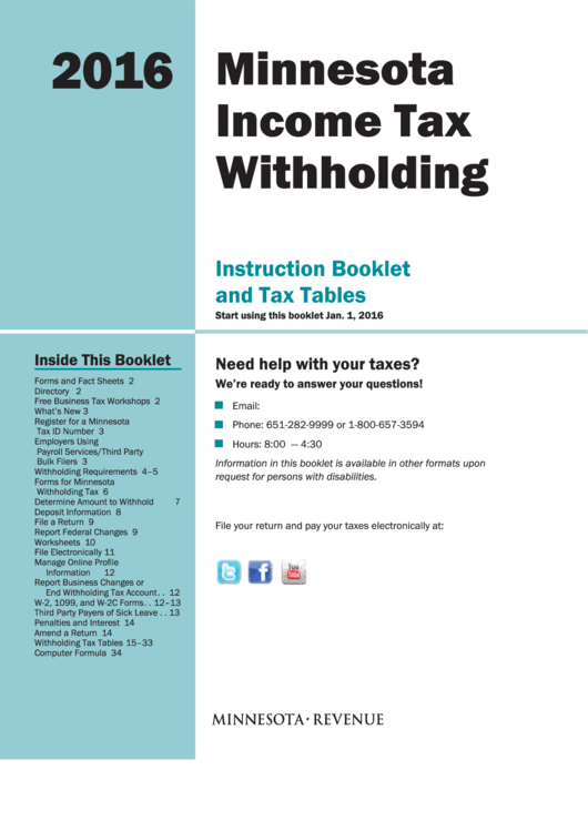 Minnesota Tax Withholding Instruction Booklet And Tax Tables