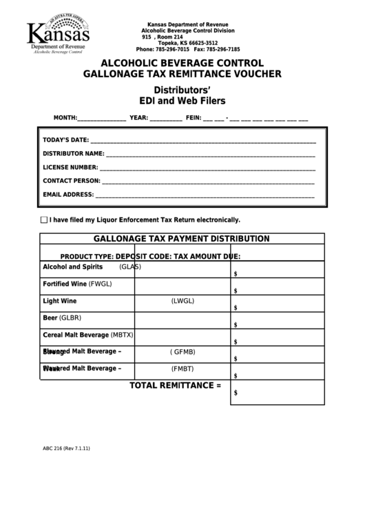 Fillable Form Abc 216 Alcoholic Beverage Control Gallonage Tax