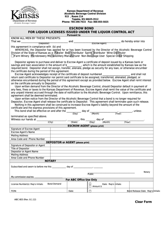 Fillable Form Abc803 Escrow Bond For Liquor Licenses Issued Under The Liquor Control Act