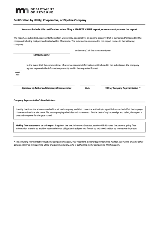 Fillable Certification By Utility, Cooperative, Or Pipeline Company