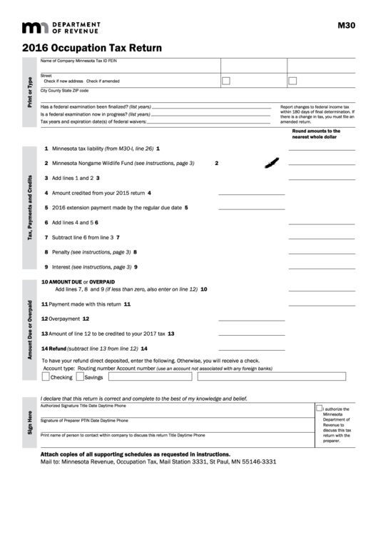 Fillable Form M30 Occupation Tax Return 2016 printable pdf download