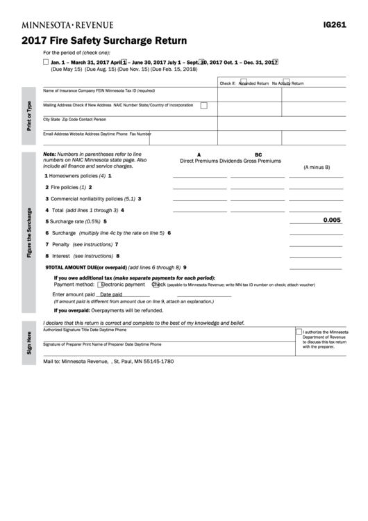 Fillable Form Ig261 Fire Safety Surcharge Return 2017 printable pdf