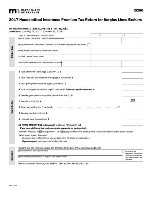 Fillable Form Ig260 Nonadmitted Insurance Premium Tax Return For