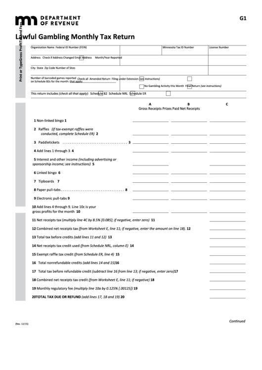 Fillable Form G1 Lawful Gambling Monthly Tax Return printable pdf