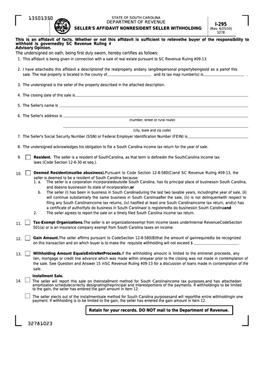 Form I295 Seller'S Affidavit Nonresident Seller Withholding