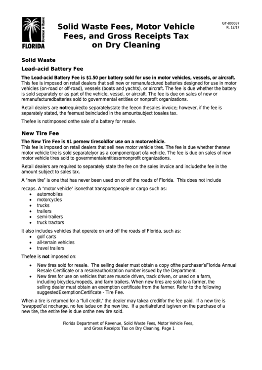 Fillable Form Gt800037 Solid Waste Fees, Motor Vehicle Fees, And