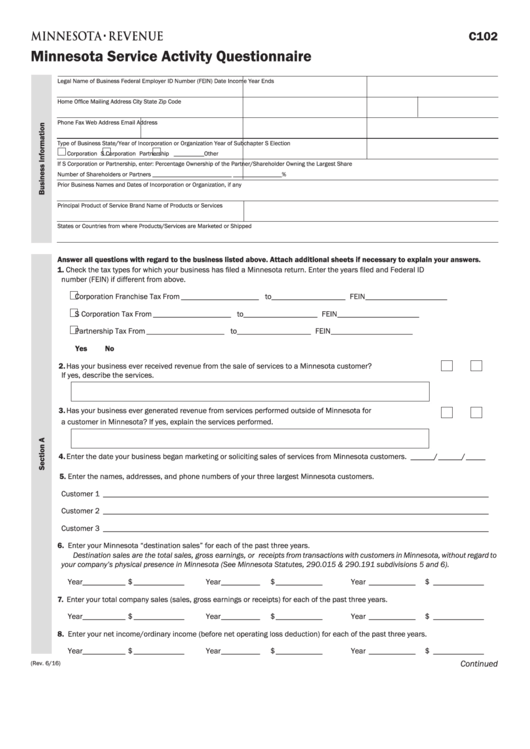 Fillable Form C102 Minnesota Service Activity Questionnaire printable