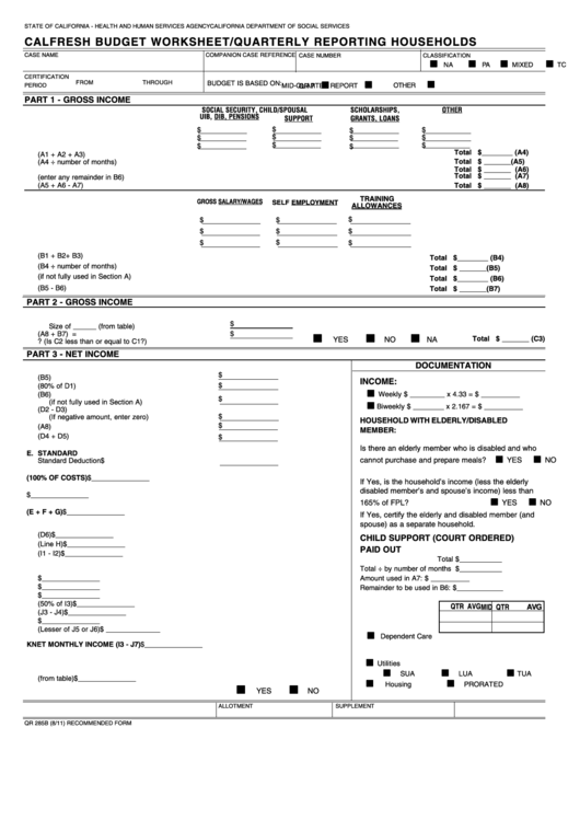 Fillable Form Qr 285b Calfresh Budget Worksheet