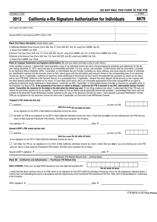 Fillable Form 8879 California EFile Signature Authorization For Individuals 2012 printable