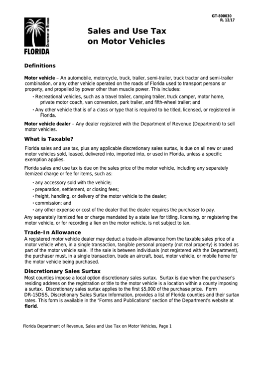 Form Gt800030 Sales And Use Tax On Motor Vehicles printable pdf download