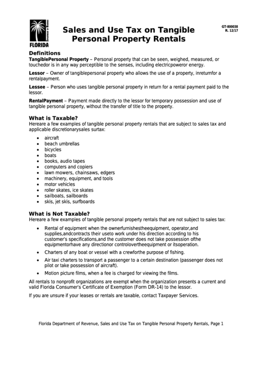 Form Gt800038 Sales And Use Tax On Tangible Personal Property