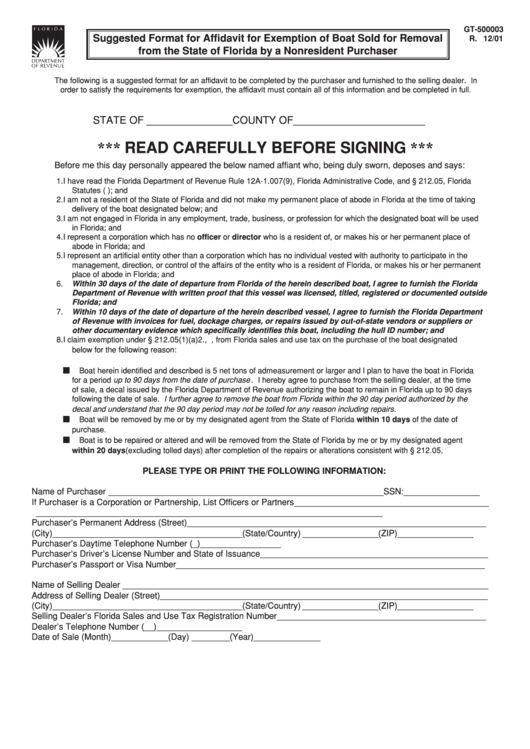 Form Gt500003 Suggested Format For Affidavit For Exemption Of Boat