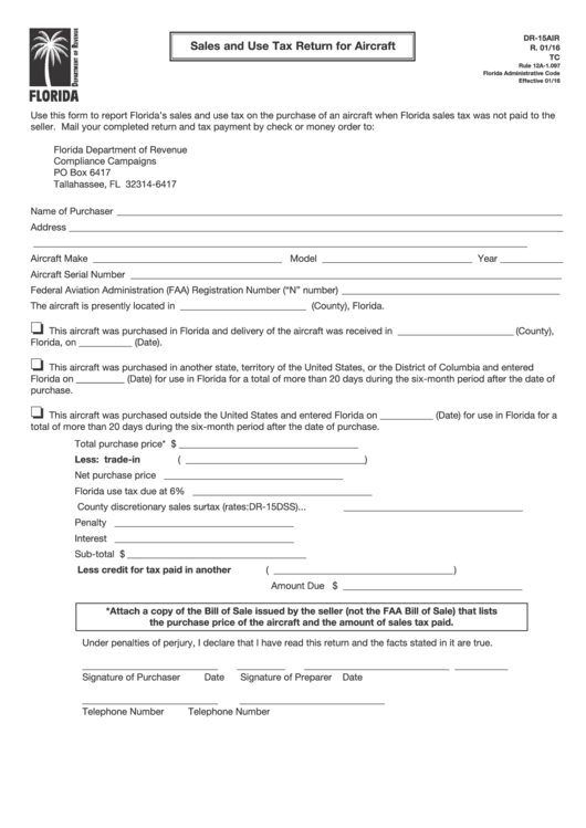 Form Dr15air Sales And Use Tax Return For Aircraft printable pdf