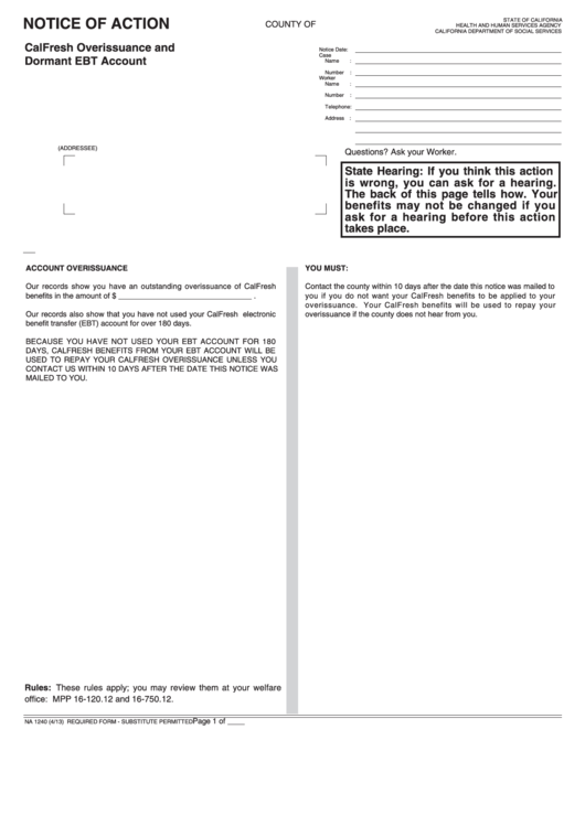 Fillable Form Na 1240 Notice Of Action Calfresh Overissuance And