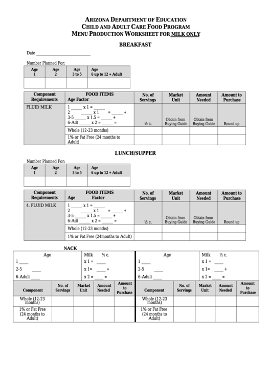 Menu Production Worksheet For Breakfast Arizona