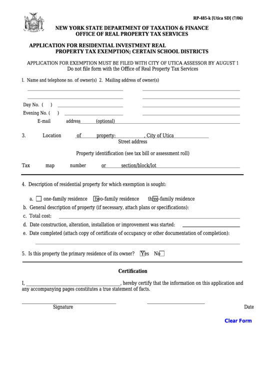 Fillable Form Rp485K [utica Sd] Application For Residential