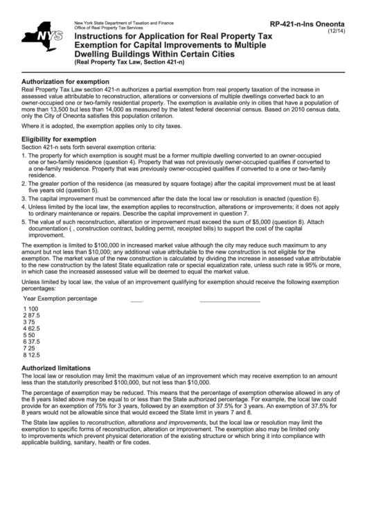 Instructions For Form Rp421NIns Oneonta Application For Real