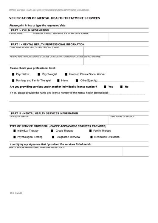 Fillable Form Sr 2c Mhv Verification Of Mental Health Treatment