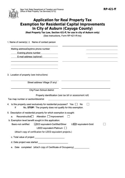 Fillable Form Rp421Ff Application For Real Property Tax Exemption
