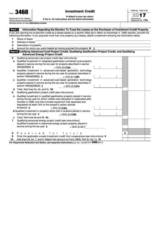 Fillable Form 3468 Investment Credit 2017 printable