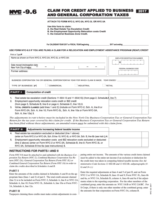 Form Nyc9.6 Claim For Credit Applied To Business And General
