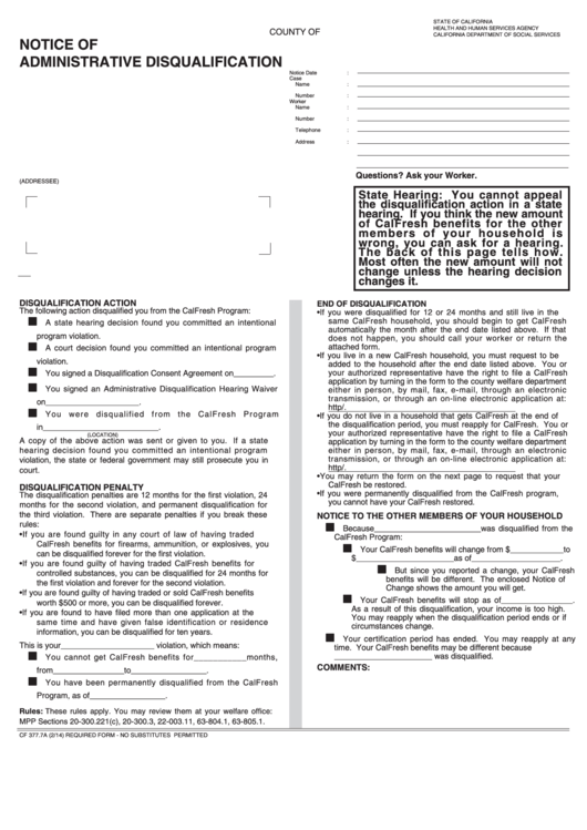 Fillable Form Cf 377.7a Notice Of Administrative Disqualification