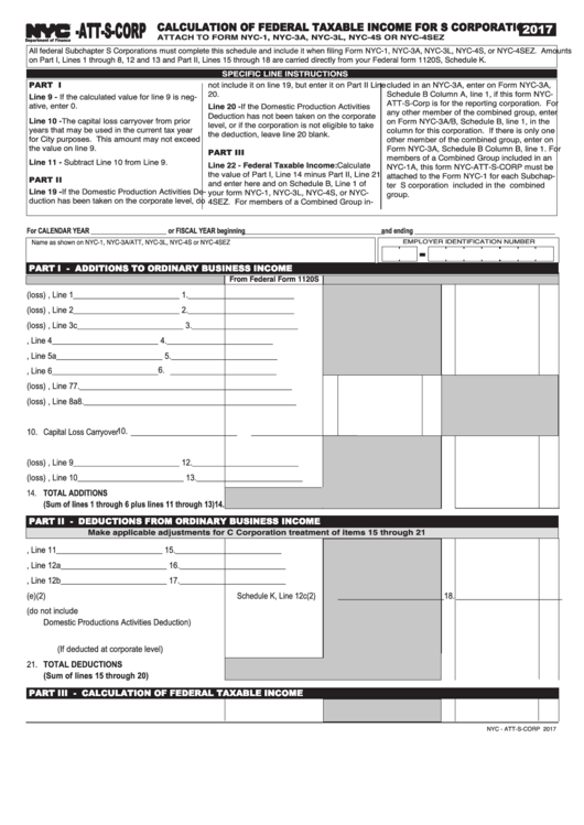Form NycAttSCorp Calculation Of Federal Taxable For S