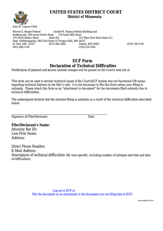 Ecf Form Declaration Of Technical Difficulties United States District