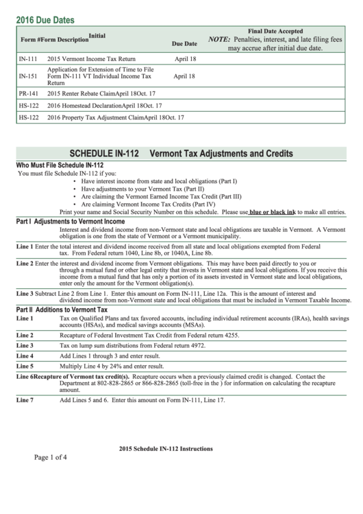 Schedule In112 Vermont Tax Adjustments And Credits Instructions