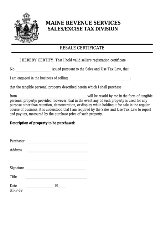 Form StP69 Resale Certificate Maine Revenue Services, Sales